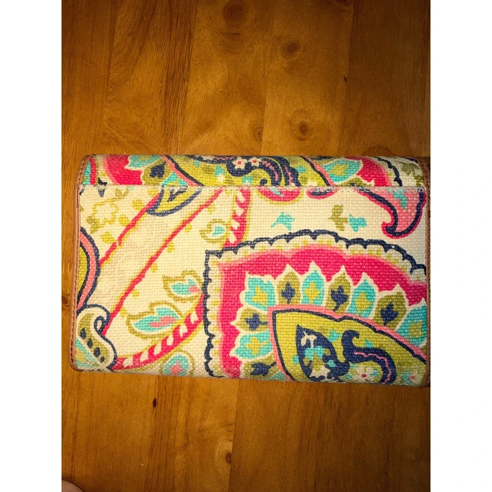 Spartina 449 Paisley Linen Leather Crossbody Wallet Bag Pink Tan Gold‎ Logo